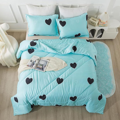 Caressma Love Pattern Girls Comforter Set Full Size, Sky Blue Cute Love Heart Print Comforter Bedding Set for All Seasons, Geometric Soft Microfiber 3 Pieces Comforter Set with Pillowcases