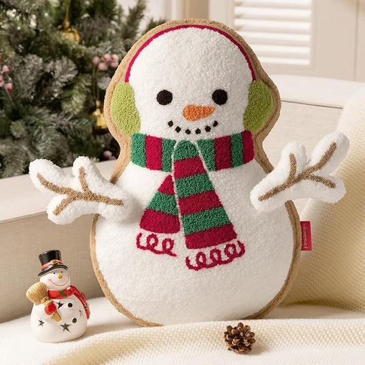 Phantoscope Gingerbread Merry Christmas Throw Pillow, Plush Teddy Xmas Gingerbread Snowman Shaped Pillows with DIY Branch Arms & Earmuffs, Christmas Decorative Pillow for Couch, White, 18x12 inches