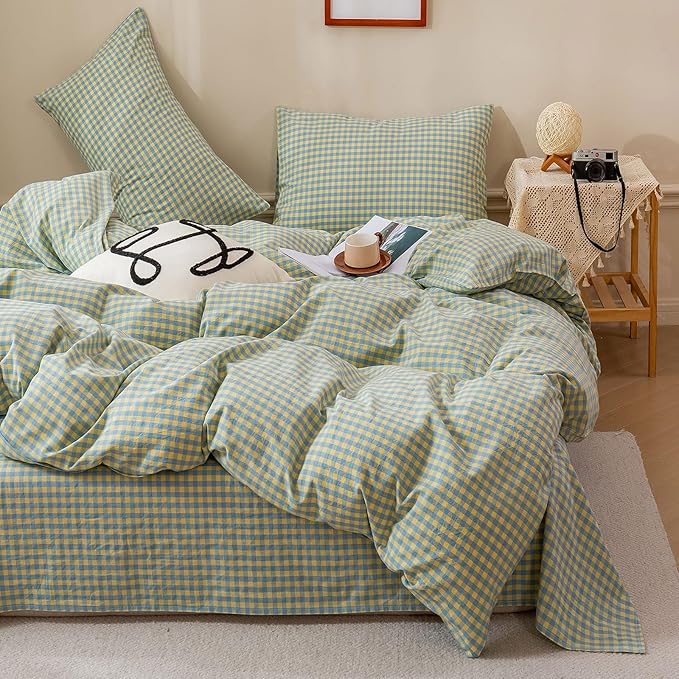 HighBuy Teen Green Blue Gingham Comforter Set Twin XL Size,Modern Cute Plaid Comforter Set Grid Checkered Pattern Printed Comforter with 2 Pillowcases Fluffy Boho Farmhouse Gingham Bedding Set