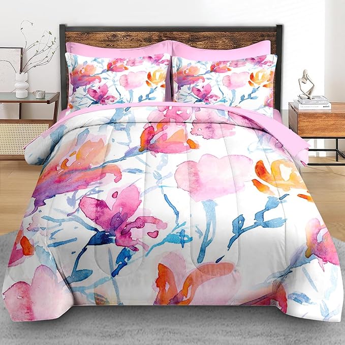 Comforter Set Full Size, Floral Spring Flower 7 Pcs Bedding for Kids and Adults, Vintage Tree Pink Bed Sheet Sets with Fitted Sheet 2 Pillowcases & 2 Shams for Bedroom Bed Decor