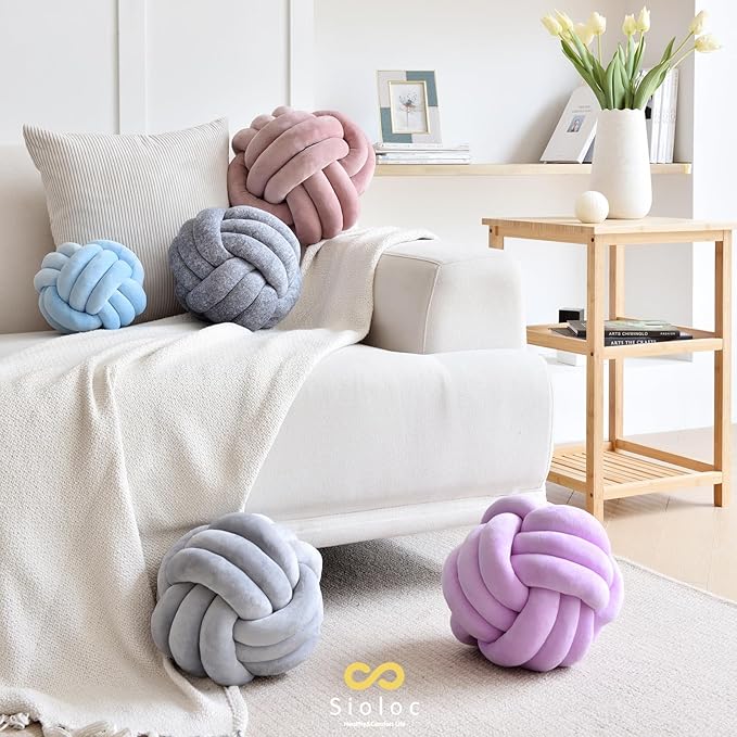 Sioloc Soft Knot Ball Pillows,Round Throw Pillow Cushion Home Decoration Plush Pillow,Throw Knotted Pillow Handmade Round Pillow（10.6inches,Beige）