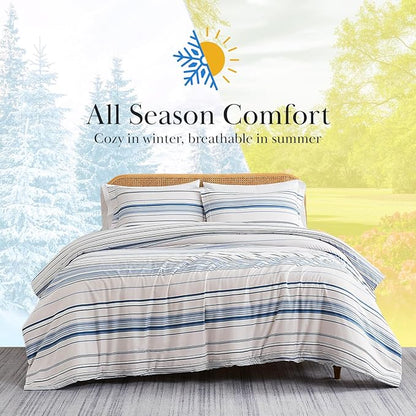 Southshore Fine Living, Inc. 3-Piece Queen Comforter Set, Down Alternative Blue Comforter Full Size with 2 Pillow Shams, Microfiber Bedding Set, Full or Queen Bed, Coastal Stripes Blue