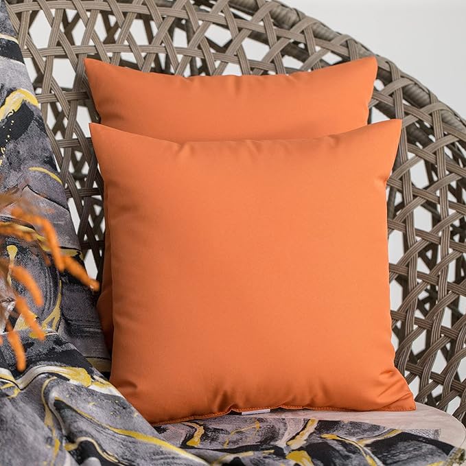 JMGBird Water-Resistant Outdoor Pillows Set of 2, 18x18 inch Durable Pure Orange Throw Pillows with Inserts for Patio Furniture