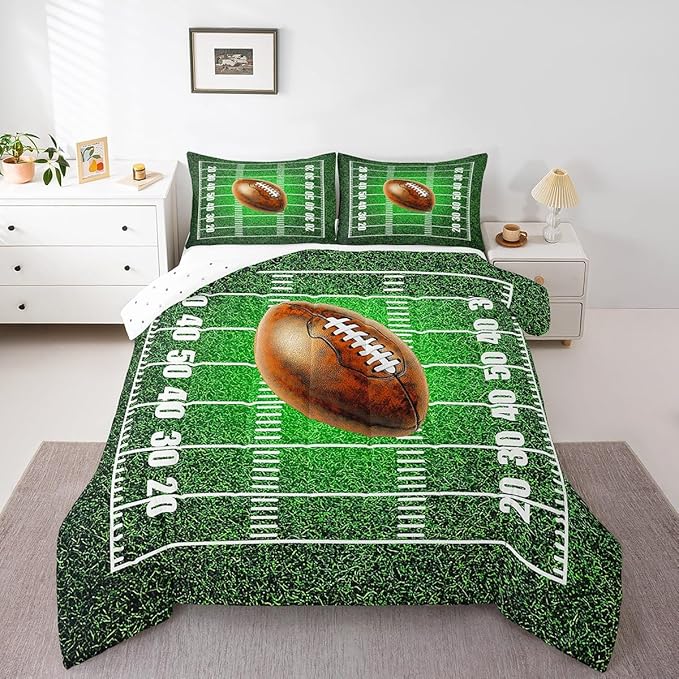 Feelyou Rugby Comforter Set King Size Football Comforter for Boys Girls Teens Soccer Ball Game Bedding Set Gift for Football Lover Duvet Set Bright Green Quilt Set