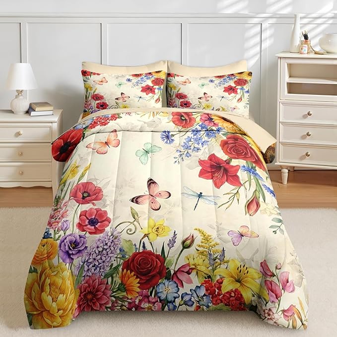 Nesker 5 Pcs Spring Comforter Set Twin Size, Floral Butterfly Bedding Set for Kids and Adults, Poppy Rose Bed Sheet Sets with Fitted Sheet Pillowcase & Sham