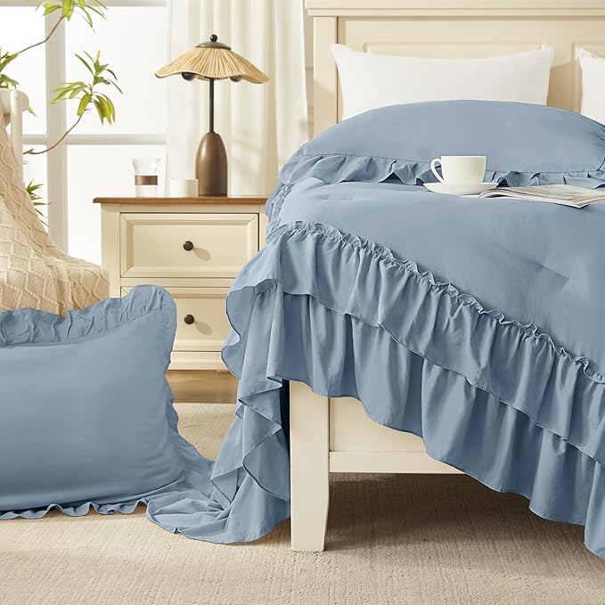 Andency Oversized King Ruffle Comforter Set, 3 Pieces Shabby Chic Farmhouse Bedding Set, Lightweight Soft Comforter Set 120x98 for Girls Women (1 Comforter 2 Pillowcases), Grayish Blue