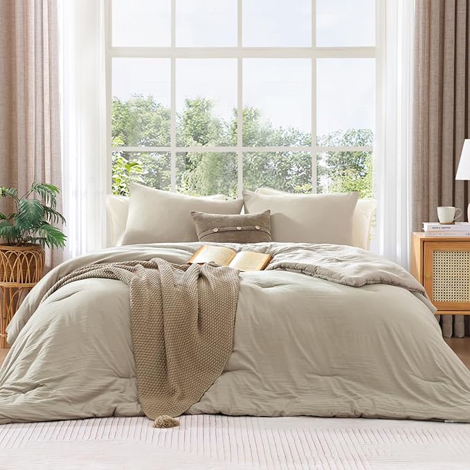 WRENSONGE King Size Comforter Set - 3 Pieces Light Oatmeal Comforter Prewashed Soft Lightweight for All Seasons,Fluffy Down Alternative Comforter King Size with 2 Pillow Shams