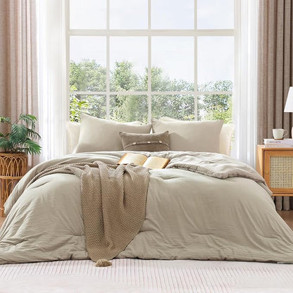 WRENSONGE Queen Comforter Set - 3 Pieces Prewashed Light Oatmeal Comforter Soft Lightweight for All Seasons,Down Alternative Comforters Queen Size with 2 Pillow Shams