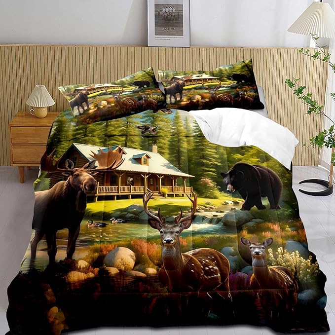 LUVIVIHOME 3PCS Rustic Bear Moose Deer Comforter Set Full Size, Cabin Bedding, Green Forest Animals Mallard Duck Wildlife Hunting Hunter Country Lodge Rustic Farmhouse Bedroom Decor, 2 Pillow Shams