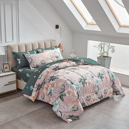 Pink Floral Comforter Sheet Set Bed in a Bag 7 Pieces King Pink Gray Flower Leaves Bedding Set (1 Comforter 2 Pillow Shams 1 Flat Sheet 1 Fitted Sheet 2 Pillowcases)