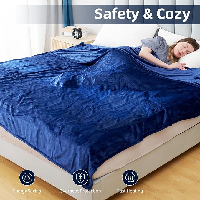Electric Heated Blanket Twin Size 62"x84", Fast Heating Throw, Soft Plush Microplush for Bed & Couch, 1-10Hs Auto Off & 6 Heating Levels, Machine Washable, Gifts for Family-Navy Blue