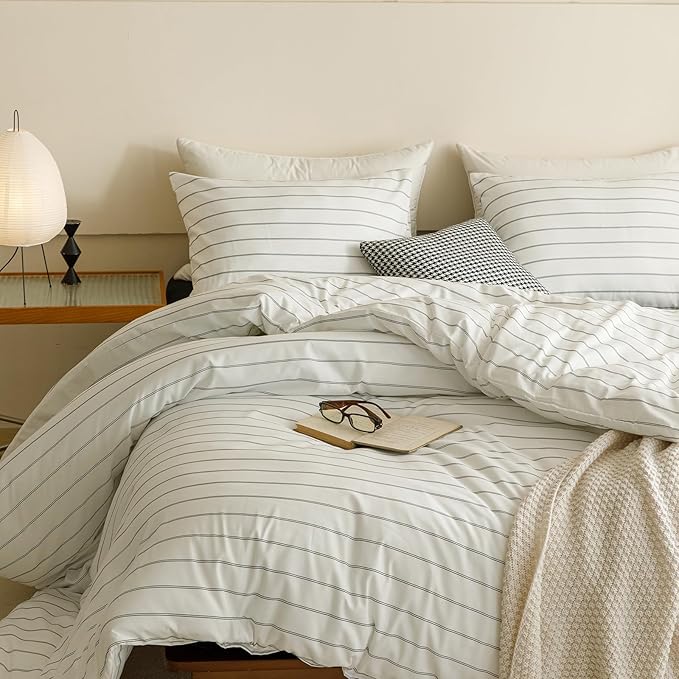 CLOTHKNOW Striped Full Size Comforter Sets White Black Bedding Comforter Sets White Full Comforter Farmhouse Bedding Comforter Soft