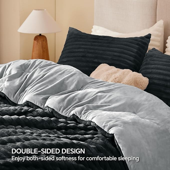 BEDELITE Fleece Queen Comforter Set -Super Soft & Warm Fluffy Black Bedding, Luxury Fuzzy Heavy Bed Set for Winter with 2 Pillow Cases
