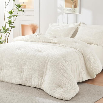 HYMOKEGE Ivory Queen Comforter Set Seersucker 7 Pieces, All Season Luxury Bed in a Bag for Bedroom, Bedding Set with Comforters, Sheets, Pillowcases & Shams