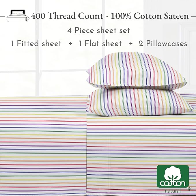 California Design Den Full Size Bed Sheets Set - 400 Thread Count Sateen, Natural 100% Cotton Sheets, Deep Pocket and Durable Bedding Set - Rainbow Striped