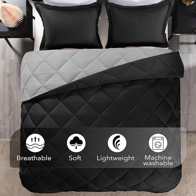 downluxe Full Size Comforter Set - Black and Grey Full Comforter - Soft Bedding Sets for All Seasons -3- Piece Comforter Set Full with 2 Reversible Pillow Shams