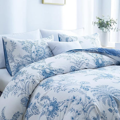 BOLINLIVING Floral Queen Comforter Set 3 Pieces, Soft Breathable Bed in a Bag Queen Size, Blue and White Floral Bedding Set for All Season, 1 Comforter & 2 Pillowcases