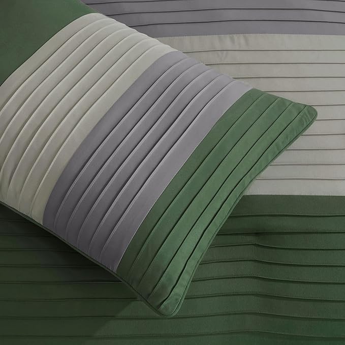 Chezmoi Collection Briar 7-Piece Queen Bed in a Bag - All Season Lightweight Microfiber Comforter Set - Includes Sheets & Shams - Forest Green/Gray/Cream Pleated Stripe Design