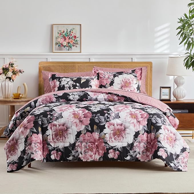 Joyreap 3pcs Floral Comforter Set Twin, Pink Flowers on Black Design, Microfiber Lightweight Bedding Comforter Set for All Season- 68x88 inches