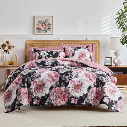 Joyreap 3pcs Floral Comforter Set Twin, Pink Flowers on Black Design, Microfiber Lightweight Bedding Comforter Set for All Season- 68x88 inches