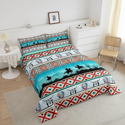 Erosebridal Horse Decor Western Comforter Set Twin,Farm Animals Quilt Indian Tribal Geometric Aztec Bedding Sets,Exotic Dream Catchers Feather Duvet Insert Farmhouse Western Home Decor,Teal
