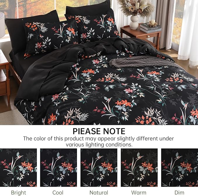 Black Queen Comforter Size Set, 7 Pieces Floral Bed in a Bag Bedding Sets, Lightweight Soft Comforter and Sheet Set, All Season Microfiber Flower Bedding Sets