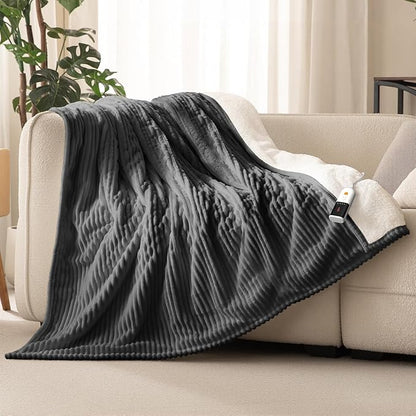 Reaks Electric Heated Blanket Twin, Silky Soft Flannel & Sherpa Twin Electric Blanket with 9 Heat Levels & 2-10 Hours Auto Off, Warm Gifts for Women Mom Grandma, ETL Certified (62x84 inches, Grey)