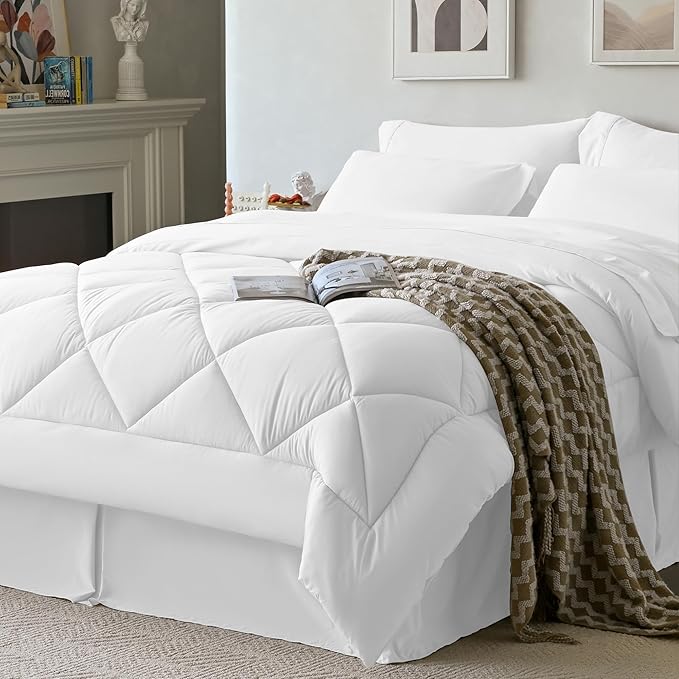 Newspin Twin XL Comforter Set White - Bed in a Bag Twin XL Size 6 Pieces, All Season Bed Set, Fluffy Comforter Set with Sheets, Sheet Set Quilt Blanket, Pillowcases & Shams & Bed Skirt