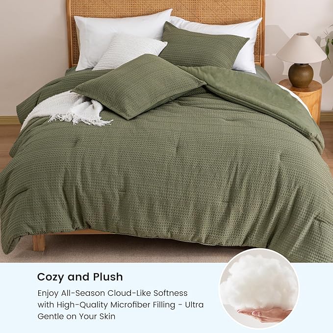 PHF Soft Waffle Comforter Set King Size- Comfy Breathable Waffle Weave Comforter with 2 Pillow Shams, 3 Pieces Less Snagging Lightweight Textured Bedding Set for All Season, Olive Green