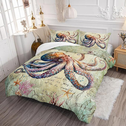 Retro Octopus Comforter Set Twin Size 3Pcs Nautical Coastal Compass Bedding Set Starfish Jellyfish Seaweed Quilt Bed Set for Boys Girls with 1 Comforter and 2 Pillowcases
