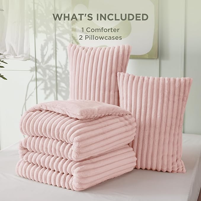 Bedsure King Size Comforter Set - GentleSoft™ 3 Pieces Fluffy Double-Side Fleece Comforter Set, Cozy Striped Room Decor Aesthetic, Luxury Pink King Bedding with 2 Pillowcases, 104x90 Inches