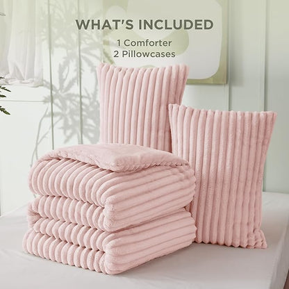 Bedsure King Size Comforter Set - GentleSoft™ 3 Pieces Fluffy Double-Side Fleece Comforter Set, Cozy Striped Room Decor Aesthetic, Luxury Pink King Bedding with 2 Pillowcases, 104x90 Inches