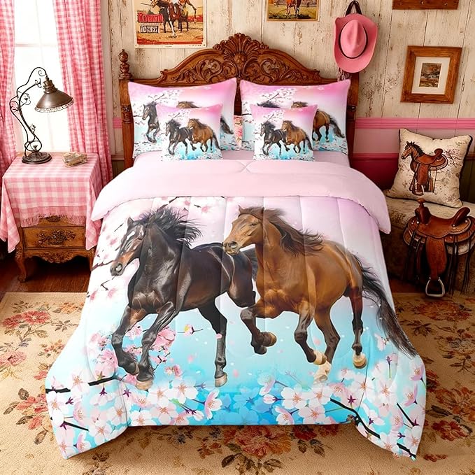 Feelyou Girls Horse Comforter Set Queen Size 7 Pcs West Horses Comforter Bed in a Bag Pink Cherry Blossom Bedding Set for Women Teens Farmhouse Western Bed Set with Sheets, Pillowcases, Pillow Covers