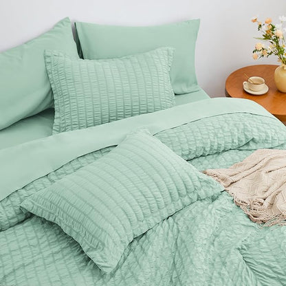 Love's cabin Seersucker Light Green Twin Comforter Set, 5-Piece All Season Lightweight Bed in a Bag Bedding Set with Comforter, Flat Sheet, Fitted Sheet, Pillowcase and Sham | Soft, Breathable, Lightweight