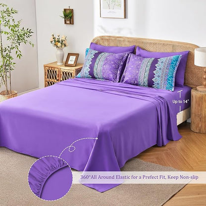 Boho Comforter Set Queen - 7 Pieces Bed in a Bag, Bohemian Striped Comforter Set with Sheets, Soft Microfiber Purple Floral Bedding Set for All Season