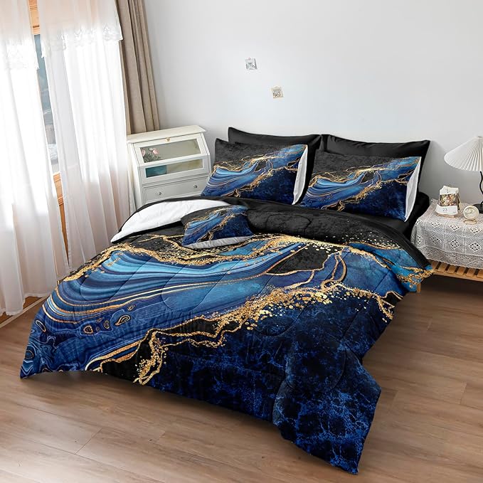 Black Gold Bedding Blue Marble Comforter Set 6 Pieces Twin Bed in a Bag with 1 Black and Blue Comforter, 1Flat Sheet, 1 Fitted Sheet, 2 Pillowcases, 1 Marble Cushion Cover