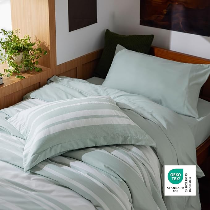Bedsure Twin XL Comforter Set 5 Pieces, Sage Green Striped Bedding Set for All Seasons, Reversible, Cationic Dyeing Bed in a Bag with Comforter, Sheets, Pillowcase & Sham