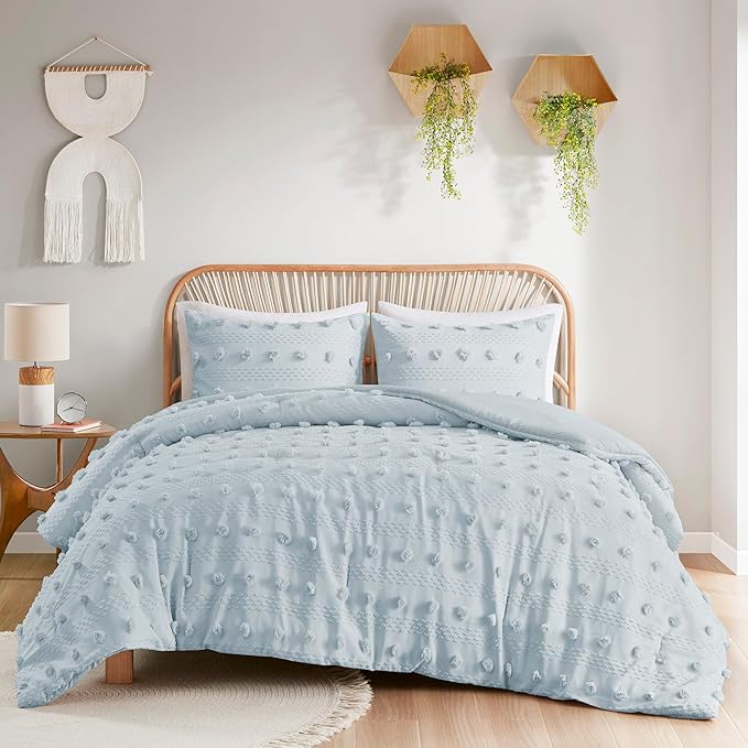 Intelligent Design Twin Comforter Set, Clipped Jacquard Comforter Set Chic Pompom Accent, All Seasons Lightweight & Fluffy Comforter Bed Set with 1 Sham, Lucy, Twin/Twin XL, Blue 2 Piece