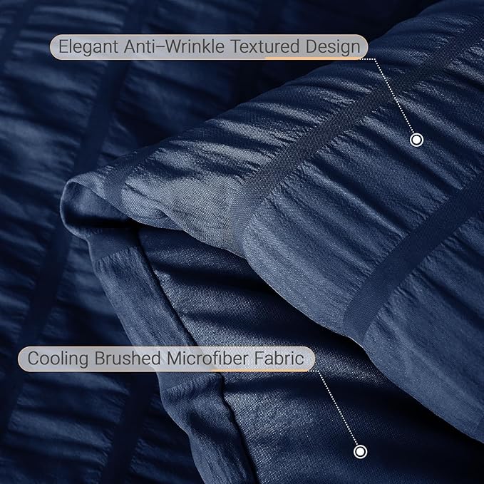 MUXHOMO 7 Pieces King Comforter Set, Seersucker Bed in a Bag King Size, All Season Luxury Bedding Set with Comforter, Flat Sheet, Fitted Sheet, Pillowcases & Shams, Navy Blue