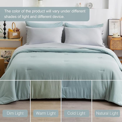 OTTEBED Ultra-Soft Queen Comforter Set with Sheets - Boho 7 Piece Bed in a Bag Lightweight All Season Use, Aesthetic Washed PolyCotton QUEEN Sage Green Comforter with Grey Bedding Sheet Set Pillowcase