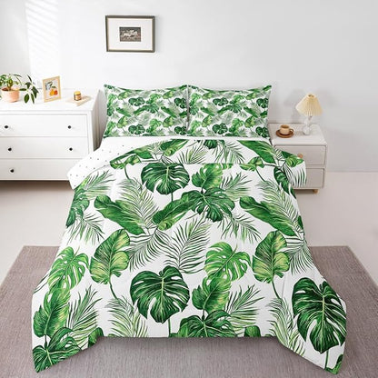 Erosebridal Palm & Monstera Leaves Comforter, Full Size - Lightweight Green & White Hawaiian Bedding Set with 2 Pillow Cases