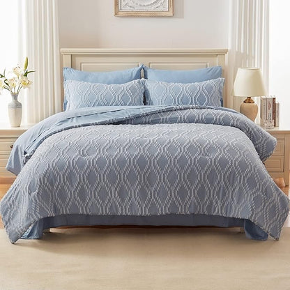 EMME 7 Piece King Embroidery Comforter Set Bed in A Bag, Microfiber Tufted Bedding Comforter with Sheets, Ultra Soft Comfortable Boho Bedding Set for All Season (King, Dusty Blue)