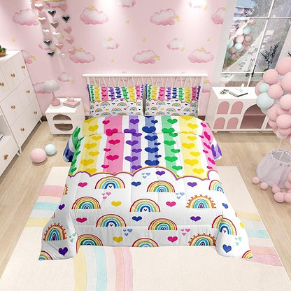 Manfei Cute Rainbow Kids Comforter Set King Size,Watercolor Love Heart Dreamy Bedding Set,Girls Women Room Decor,Colorful Geometric Stripes Patchwork Down Comforter,Chic Duvet Insert,2 Pillowcases