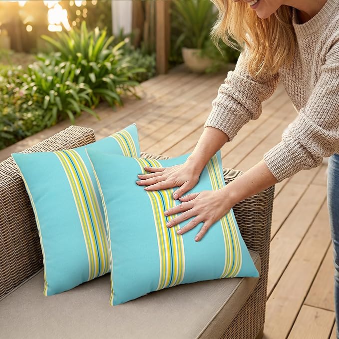 JMGBird Outdoor Pillows Set of 2 with Inserts - 18x18 Weather-Resistant Throw Pillows for Patio Furniture, Sky Blue Multi-Striped Decorative Cushions
