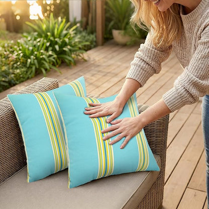 JMGBird Outdoor Pillows Set of 2 with Inserts - 18x18 Weather-Resistant Throw Pillows for Patio Furniture, Sky Blue Multi-Striped Decorative Cushions