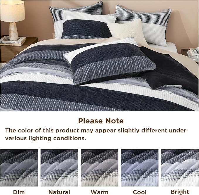 Litanika Fluffy Fleece Twin Comforter Set, Luxury Soft Plush Fuzzy Dark Grey Stripe Bedding Comforter Sets, Warm Shaggy Faux Fur Bed Set All Season (1 Comforter, 1 Pillowcase)