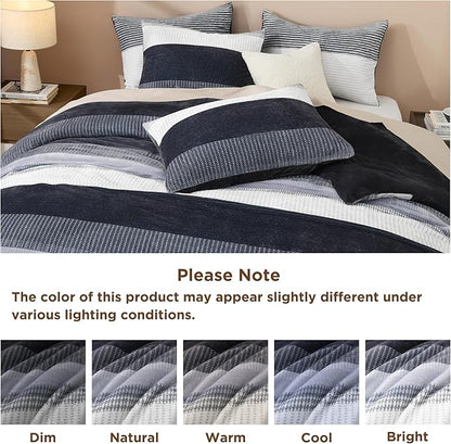 Litanika Fluffy Fleece Queen Comforter Set, Luxury Soft Plush Fuzzy Dark Grey Stripe Bedding Comforter Sets, Warm Shaggy Faux Fur Bed Set All Season (1 Comforter, 2 Pillowcases)