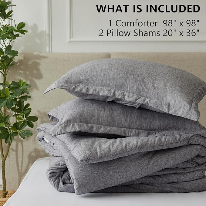 CozyLux Oversized Queen Comforter Set, 3 Pieces 98x98 Grey Soft Luxury Cationic Dyeing Bedding Set for All Season, Gray Breathable Fluffy Bed Sets with 1 Alternative Comforter and 2 Pillow Shams