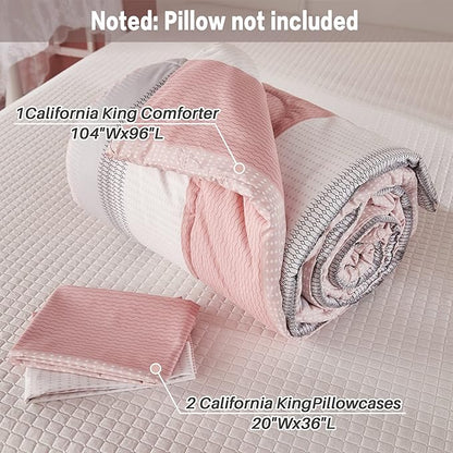 Litanika Pink California King Comforter Set - 3 Pieces Blush Cal King Oversized Lightweight Summer Colorblock Stripe Bedding Set (104x96In, 2 Pillowcases)