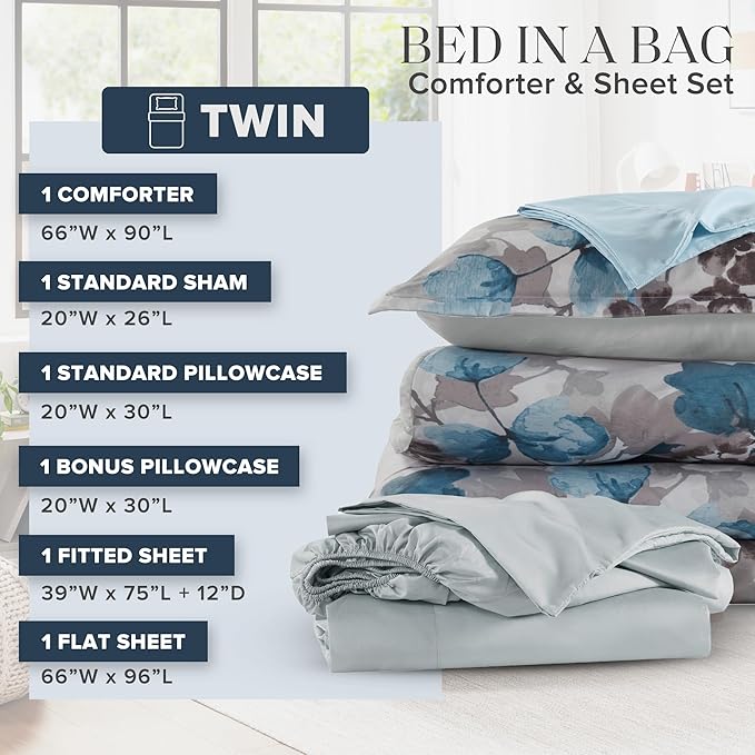 Madison Park Twin Comforter Set with Sheets, Floral Bed in A Bag Soft Microfiber Comforter for Twin-Size Bed, All Season Lightweight Comforters Twin Bed Set, Alexis, 6 Piece Blue